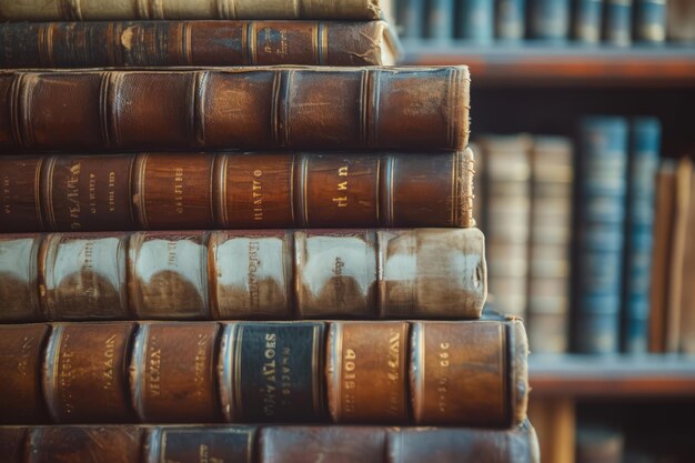 Stapel antieke lederen boeken in de bibliotheek Stapel oude boeken Generatieve AI