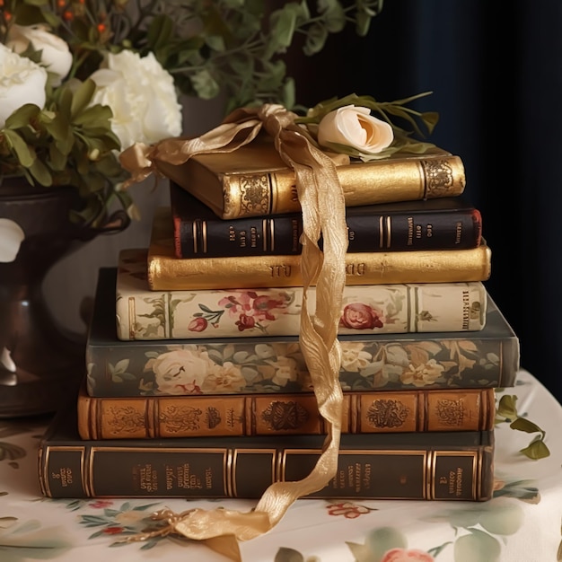 Stapel antieke vintage oude boeken lezen in oude bibliotheek en onderwijs generatieve ai