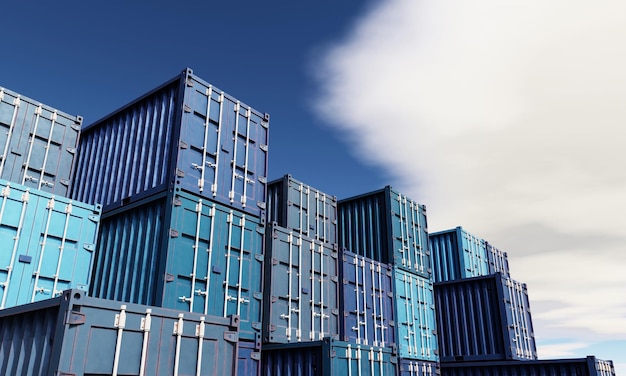 Stapel blauwe containerdozen met hemelachtergrond Vrachtvrachtverzending voor import- en exportlogistiek Bedrijfs- en transportconcept 3D-illustratieweergave