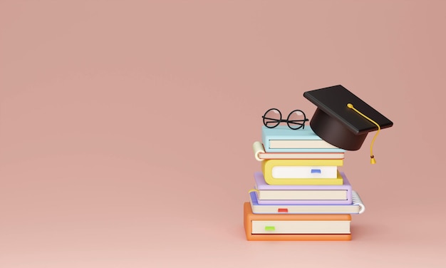 Stapel boek met afstuderen hoed op roze achtergrond 3D-rendering illustratie