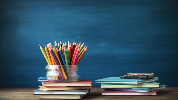 Foto stapel boeken en potloden op schooltafel generatieve ai