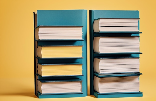 Stapel boeken met levendige pagina's Topboek met open gele en blauwe kleuren