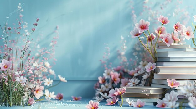 stapel boeken met roze bloemen die rond hen groeien op blauwe achtergrond