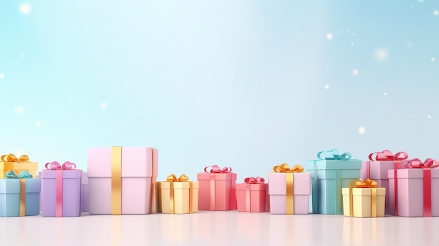 Stapel cadeautjes geschenkdozen in pastelkleuren op pastelroze en blauwe achtergrond met bokeh en glitter