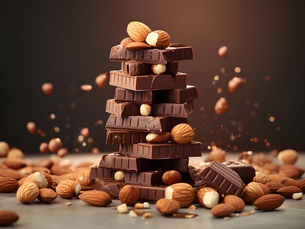 Stapel chocolade met noten op een lichtbord.