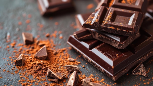 Stapel chocolade stukjes met cacao erop besprenkeld