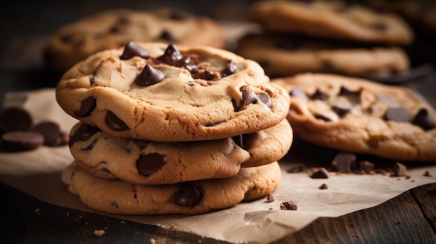 Stapel chocolate chip cookies op een houten tafel