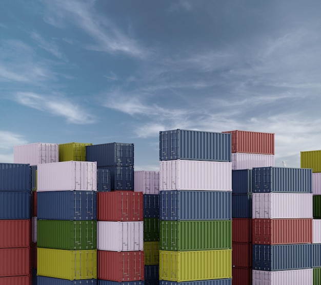 Stapel containers in een haven met blauwe lucht op de achtergrond. 3D render