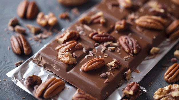 Stapel donkere chocoladerepen met noten en chocolade op aluminiumfolie