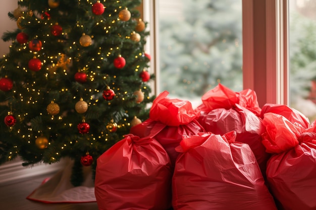 Stapel feestelijke zakken bij een kerstboom