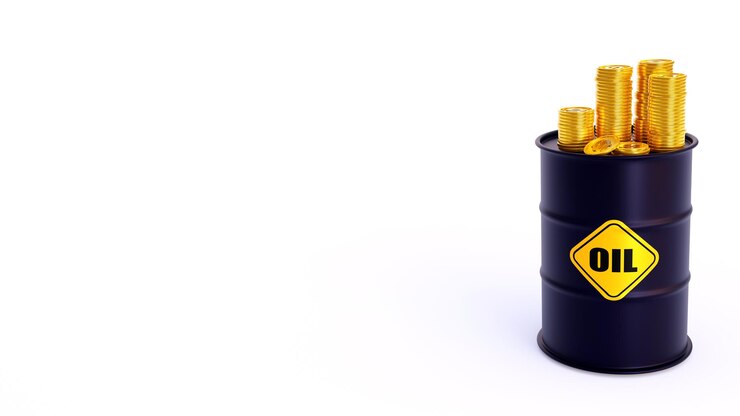 Stapel gouden dollarmuntstukken met de tank van het Olievat op witte 3D illustratie als achtergrond