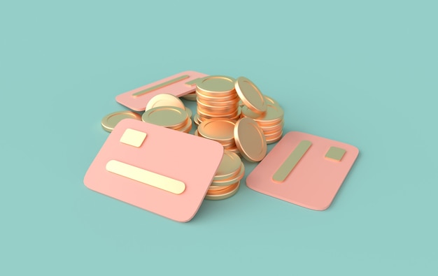 Stapel gouden munten creditcards 3D-rendering