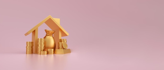 Stapel gouden munten een zak geld en huis op een roze achtergrond Real Estate Market Growth concept