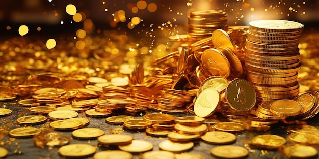 Stapel gouden munten met gouden bokeh achtergrond Jackpot fortuin concept Generatieve AI