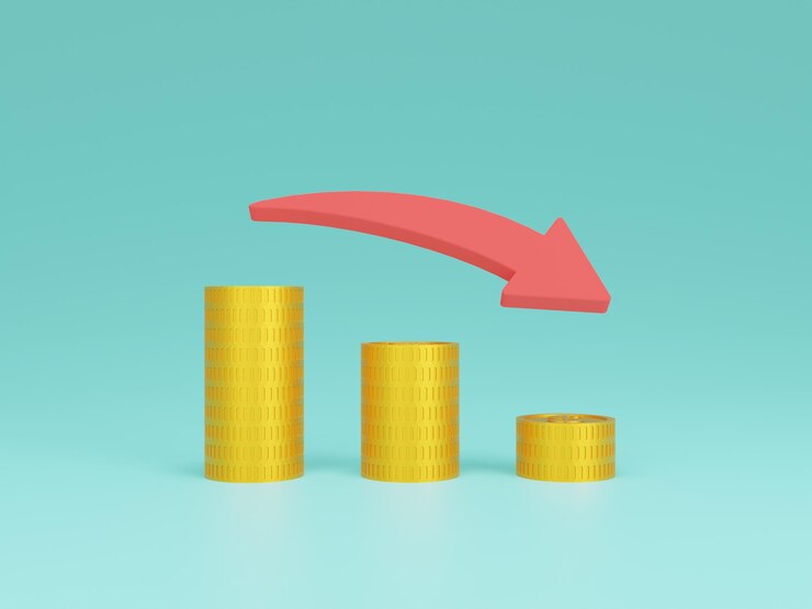 stapel gouden munten met pijl naar beneden concept 3d illustratie