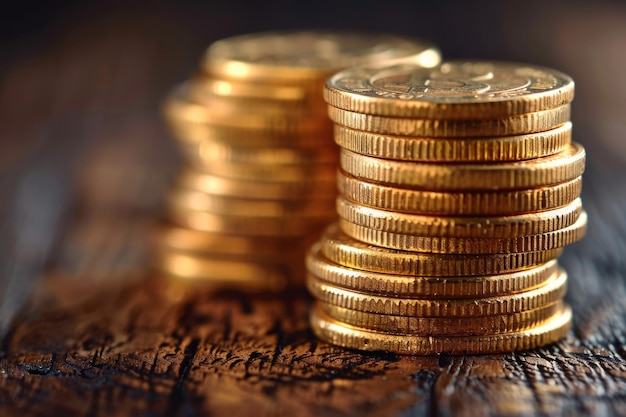 Stapel gouden munten op een houten tafel