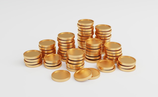 Foto stapel gouden munten op witte achtergrond met het verdienen van winst concept 3d-rendering
