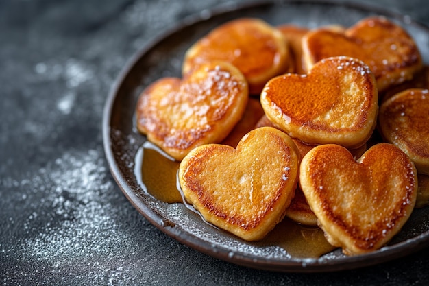 stapel hartvormige pannenkoeken met honing op een bord uitzicht van boven geserveerd op de keukentafel voor