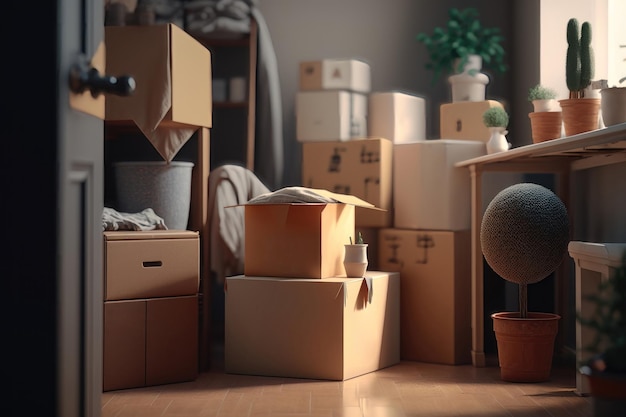 Stapel kartonnen dozen in de kamer Ingepakte dingen klaar om in of uit het huis te verhuizen AI Generation