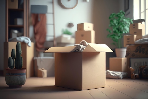 Stapel kartonnen dozen in de kamer Ingepakte dingen klaar om in of uit het huis te verhuizen AI Generation
