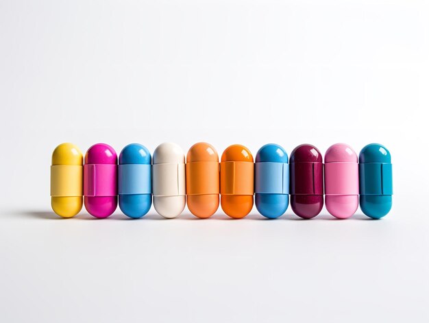 Stapel kleurrijke medische pillen Gezondheidsbehandeling geïsoleerd op witte achtergrond AI gegenereerd.
