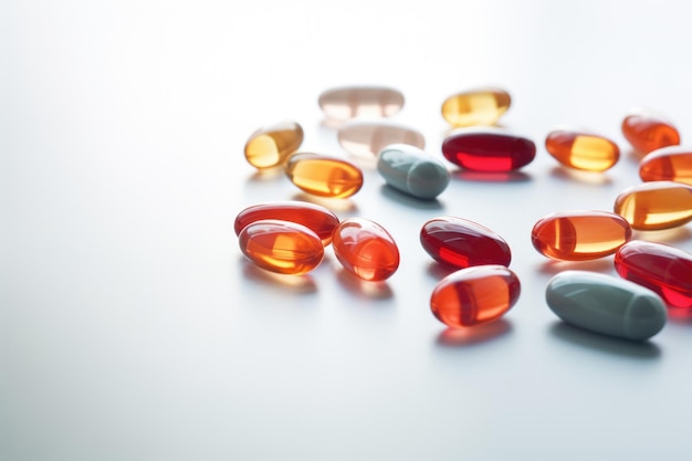Stapel kleurrijke medische pillen op abstracte achtergrond Verschillende soorten antibioticatabletten of vitamines close-up