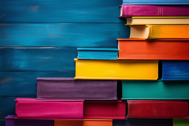 Foto stapel kleurrijke pastelboeken op een plank in de bibliotheek