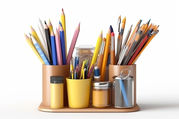 stapel kleurrijke potloden en een kopje potloden staan op een tafel