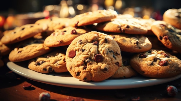 Stapel knapperige en zoete chocoladekoekjes gegarneerd met chocoladekorrels