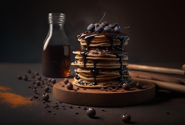 Stapel lekkere pannenkoeken met stukjes pure chocolade die smelten Illustratie Generatieve AI