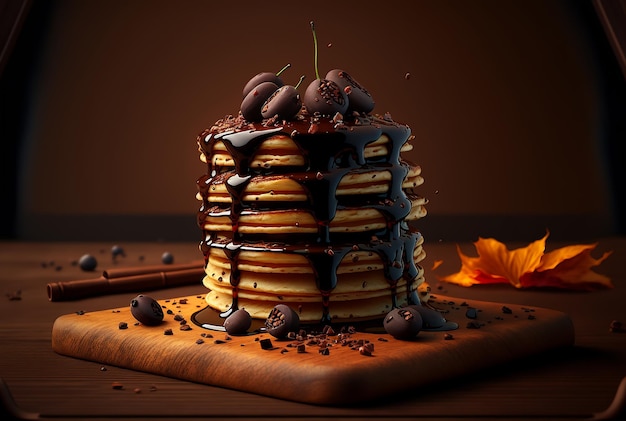 Stapel lekkere pannenkoeken met stukjes pure chocolade die smelten Illustratie Generatieve AI