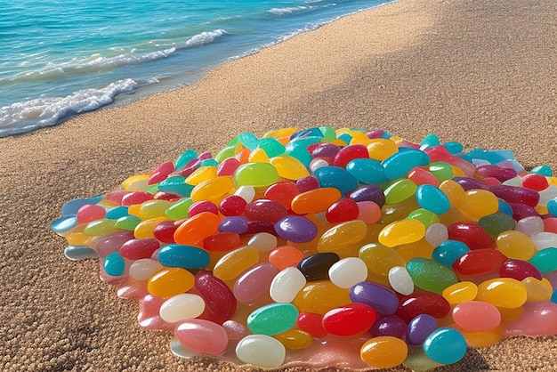 Foto stapel marmelade op een zandstrand.