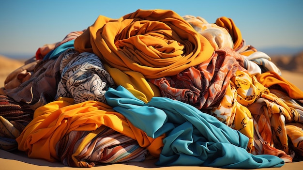 Foto stapel met kleding van textielstof voor het recyclen van vervuiling door de kledingindustrie generatieve ai