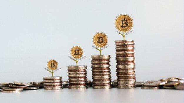 Stapel munten en bitcoin-boom met concept voor sparen en groeien van geld Groeiend besparingsconcept