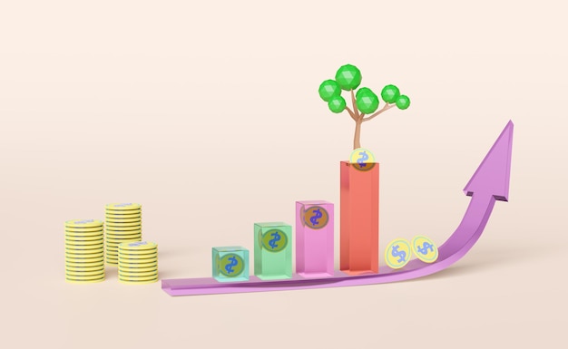 Foto stapel munten met boom pijlstaaf grafiek geïsoleerd op roze pastel achtergrond financieel succes en groei of geld besparen concept3d illustratie of 3d rendering