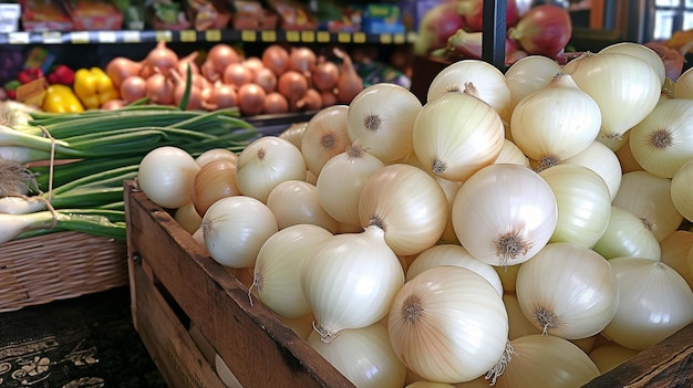 Stapel ongekookte witte uien op de markt naast de supermarkt