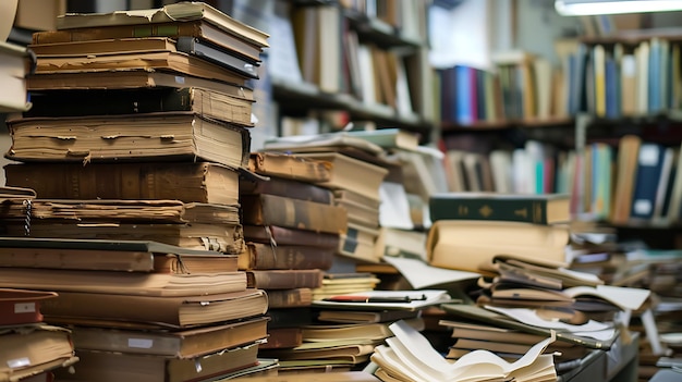 Stapel oude boeken in een bibliotheek