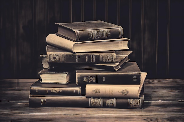 Stapel oude boeken op een houten tafel Retro stijl getoneerd beeld