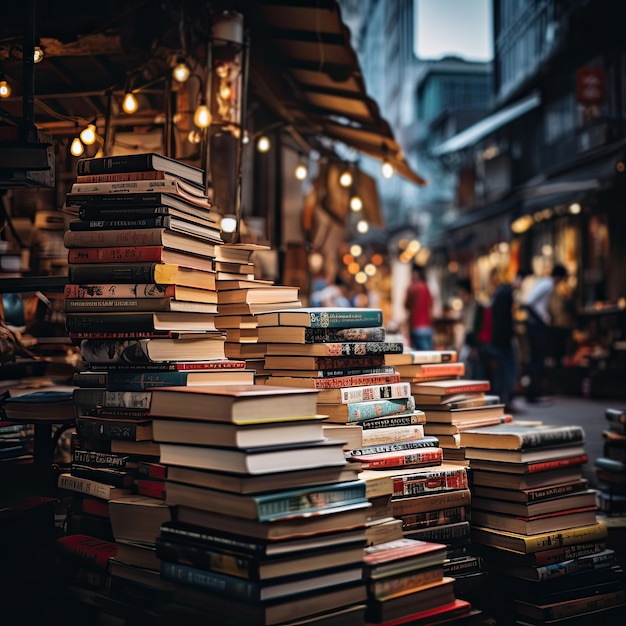 Stapel oude boeken op een straatmarkt gemaakt door generatieve AI-technologie