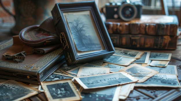 Foto stapel oude foto's op tafel.