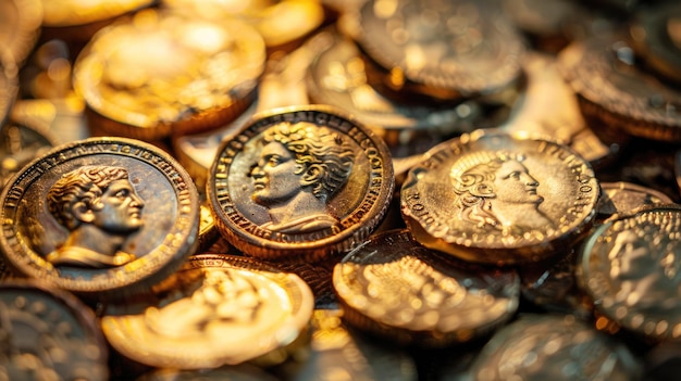 Stapel oude gouden munten veel oud Grieks-Romeins geld thema van Griekenland rijkdom antieke vintage collectie luxe gouden schat en geschiedenis