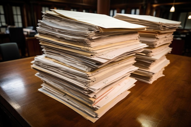Stapel oude papieren op de tafel in de bibliotheek stock photo Een grote stapel oude archiefdocumenten AI Generated