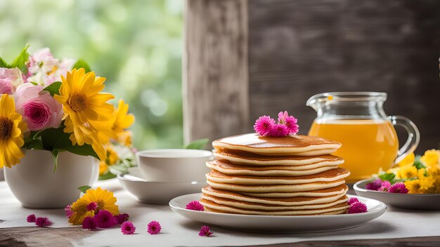 Stapel pannenkoeken met bloemen.