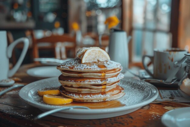 Stapel pannenkoeken met suikerpoeder en siroop