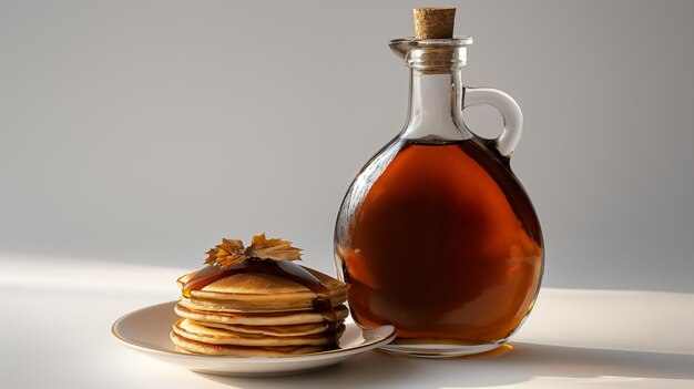 Stapel pannenkoeken op een bord met een esdoornblad naast een glazen fles siroop