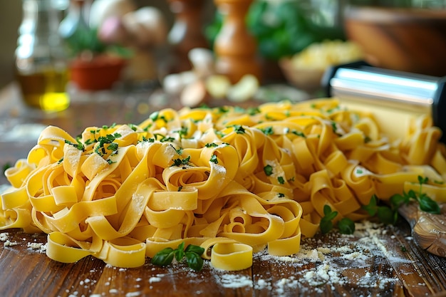 Foto stapel pasta op een houten snijplank generatieve ai