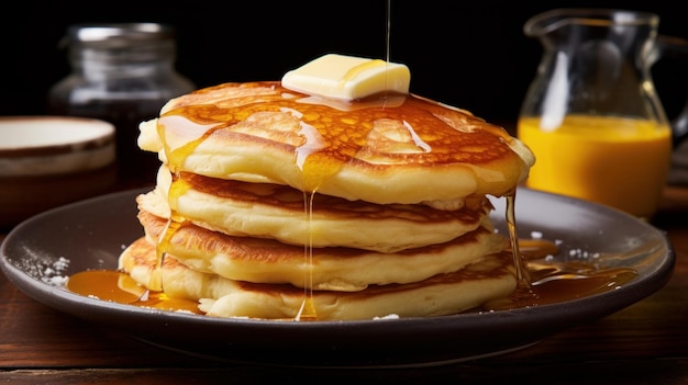 Stapel pluizige en vette pannenkoeken met gesmolten boter en esdoornstroop.