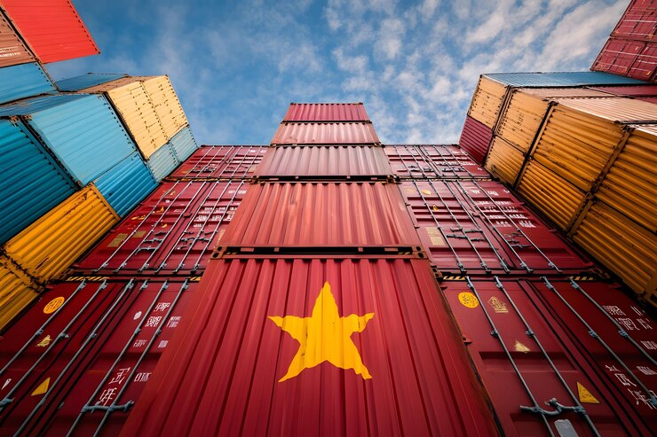 Stapel scheepscontainers met een gele ster op een rode container