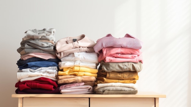 Stapel schone, vers gewassen netjes gevouwen dameskleding op houten tafel Stapel shirts, jurken en truien op de witte muur tafel