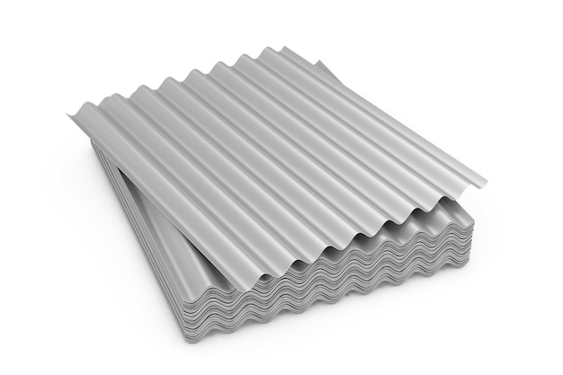 Stapel stalen metalen zink gegalvaniseerde golfplaten voor dak op een witte achtergrond. 3D-rendering